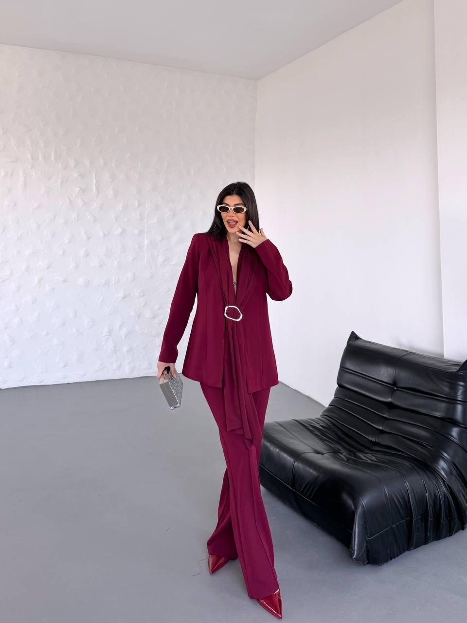 Bordo Şal Görünümlü Blazer Takım