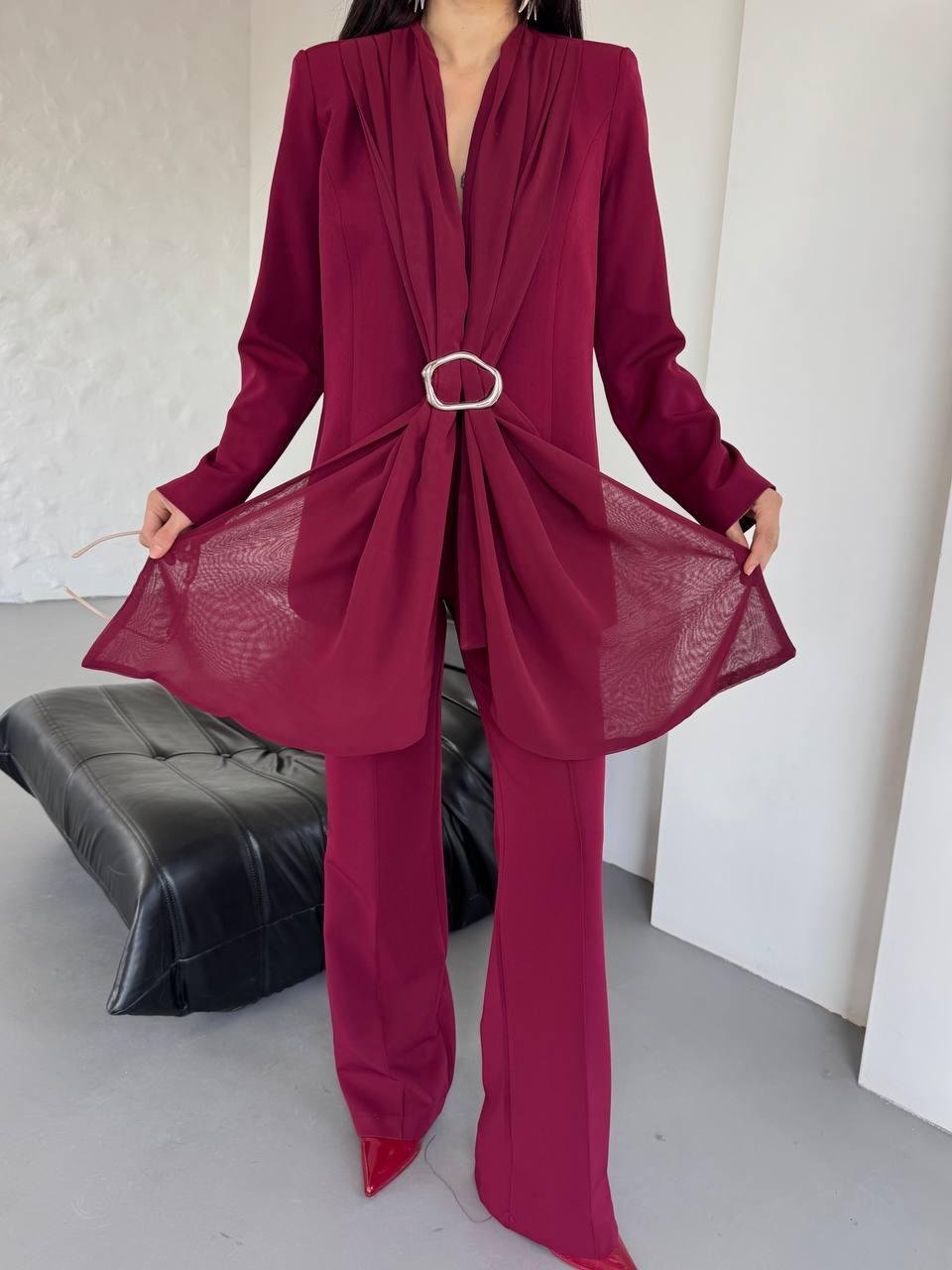 Bordo Şal Görünümlü Blazer Takım