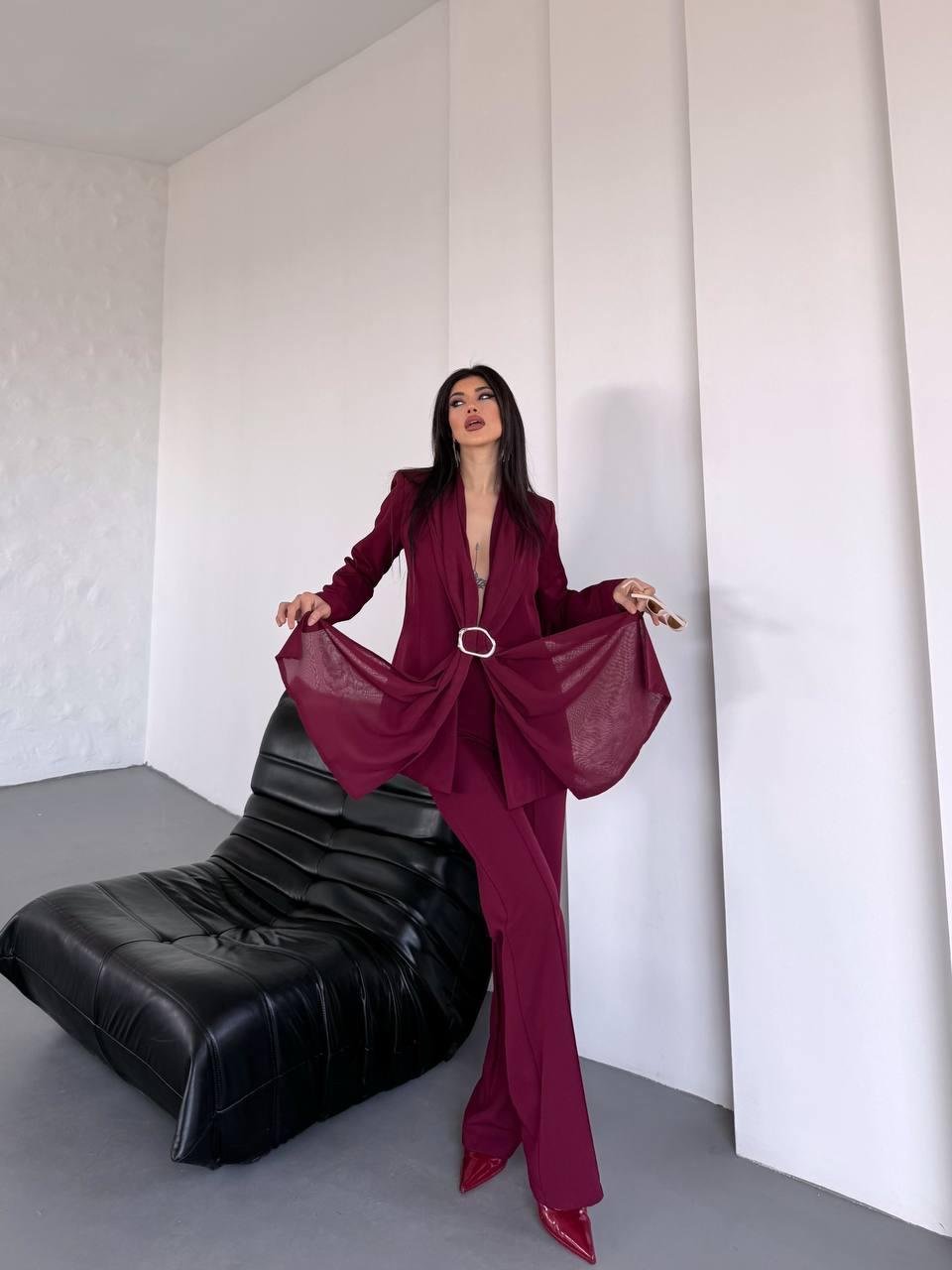 Bordo Şal Görünümlü Blazer Takım