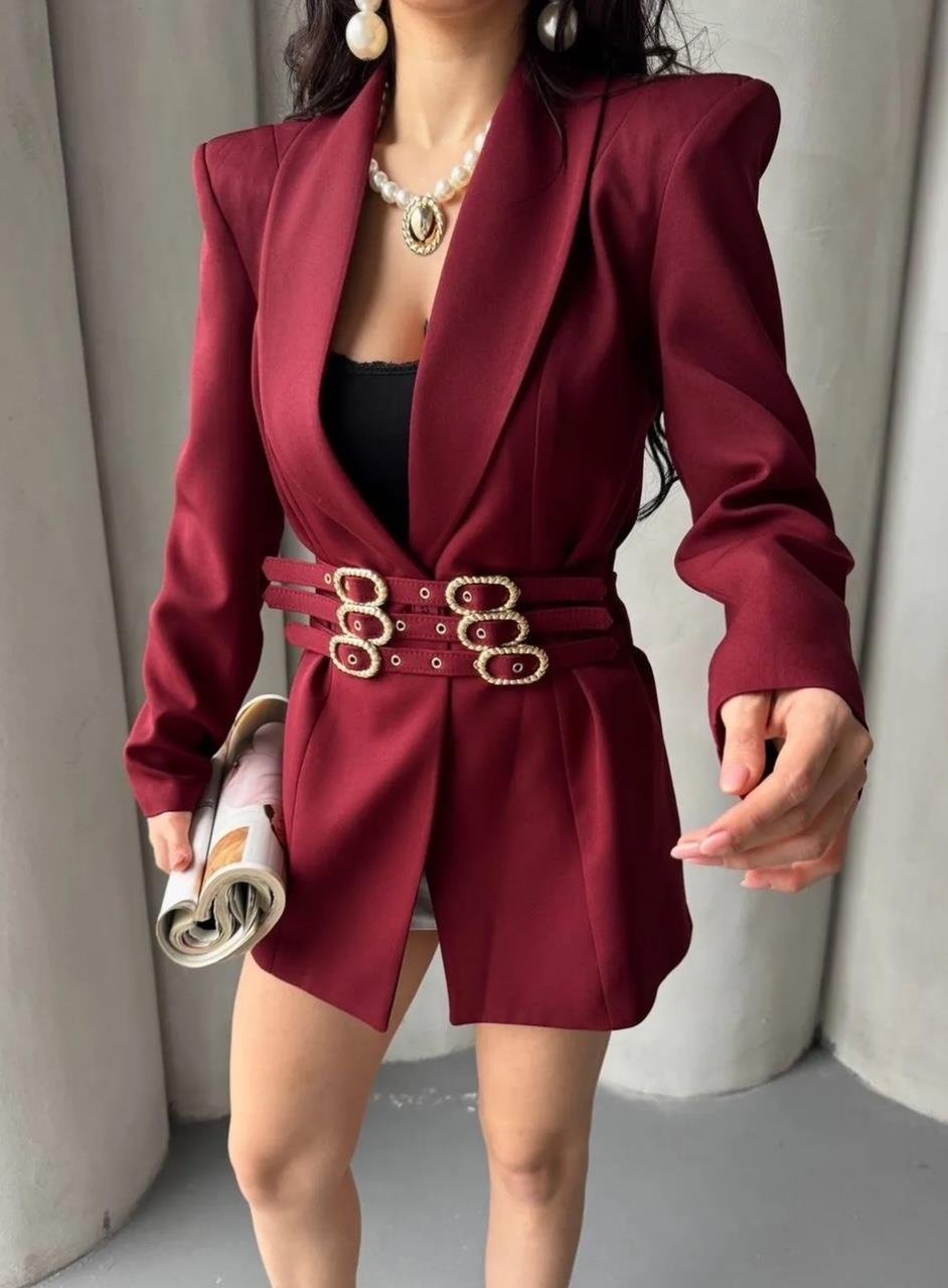 Bordo Üç Kemerli Blazer Ceket Elbise