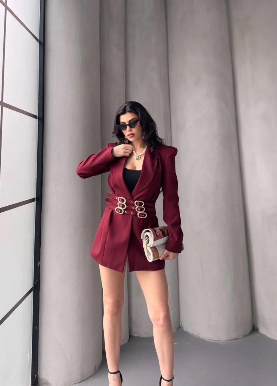 Bordo Üç Kemerli Blazer Ceket Elbise