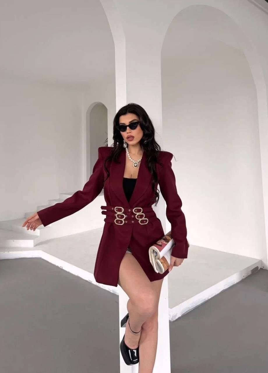 Bordo Üç Kemerli Blazer Ceket Elbise
