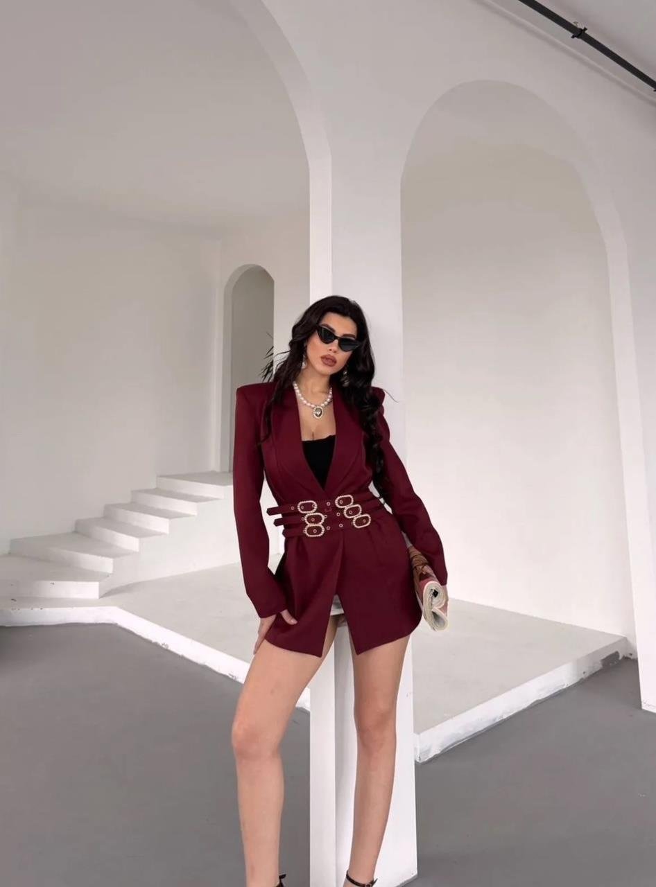 Bordo Üç Kemerli Blazer Ceket Elbise