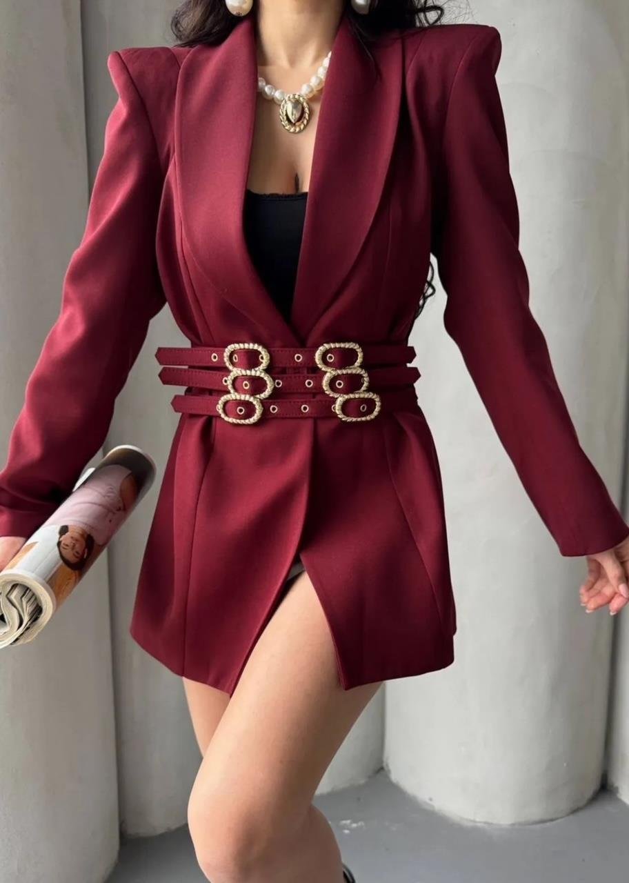 Bordo Üç Kemerli Blazer Ceket Elbise