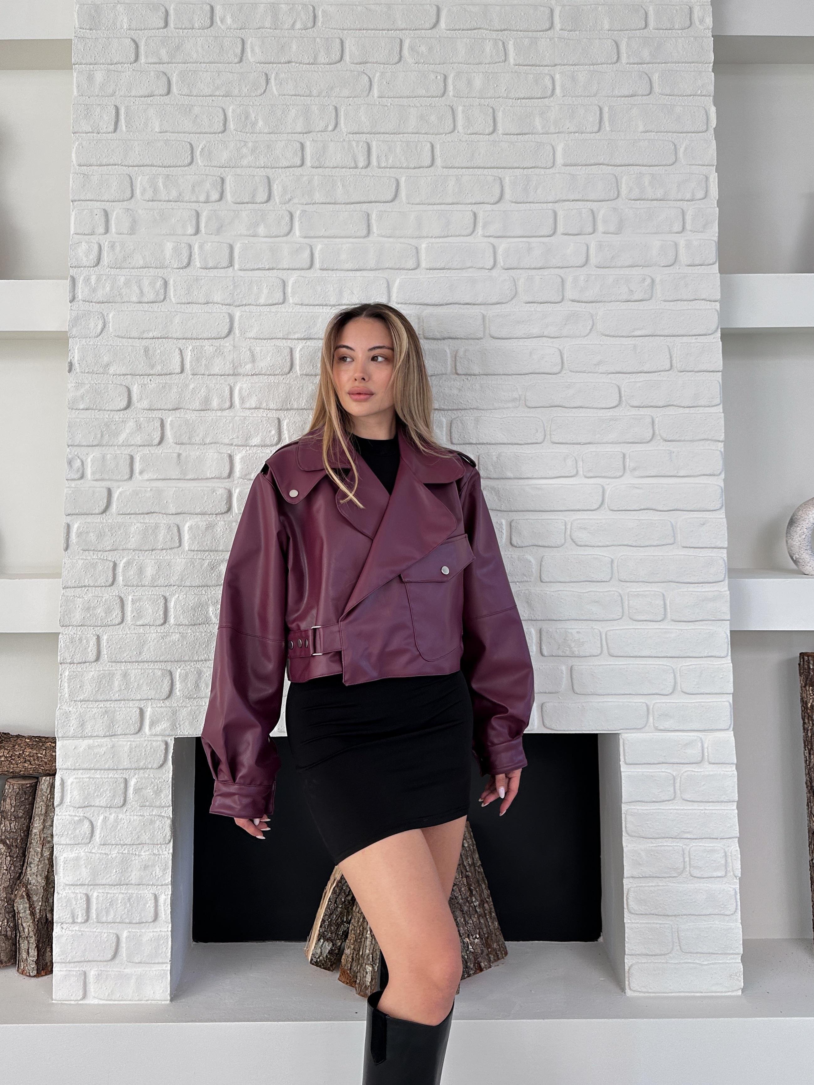 Bordo Yeni Sezon Oversize Deri Ceket