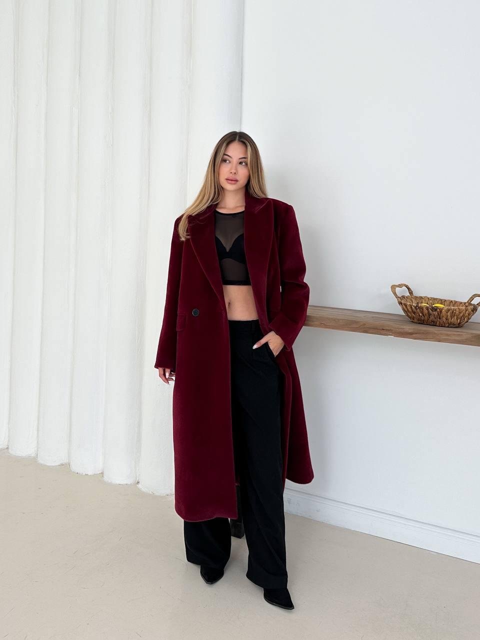 Bordo Yumuşak Kaşmir Dokulu Maskülen Maxi Kaban