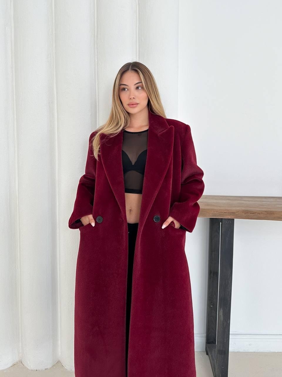 Bordo Yumuşak Kaşmir Dokulu Maskülen Maxi Kaban