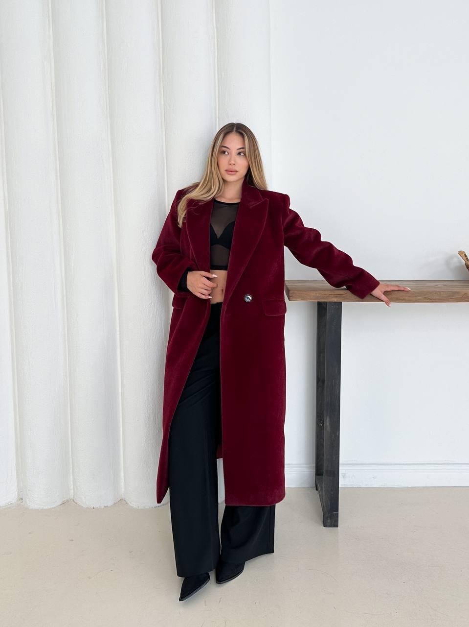 Bordo Yumuşak Kaşmir Dokulu Maskülen Maxi Kaban