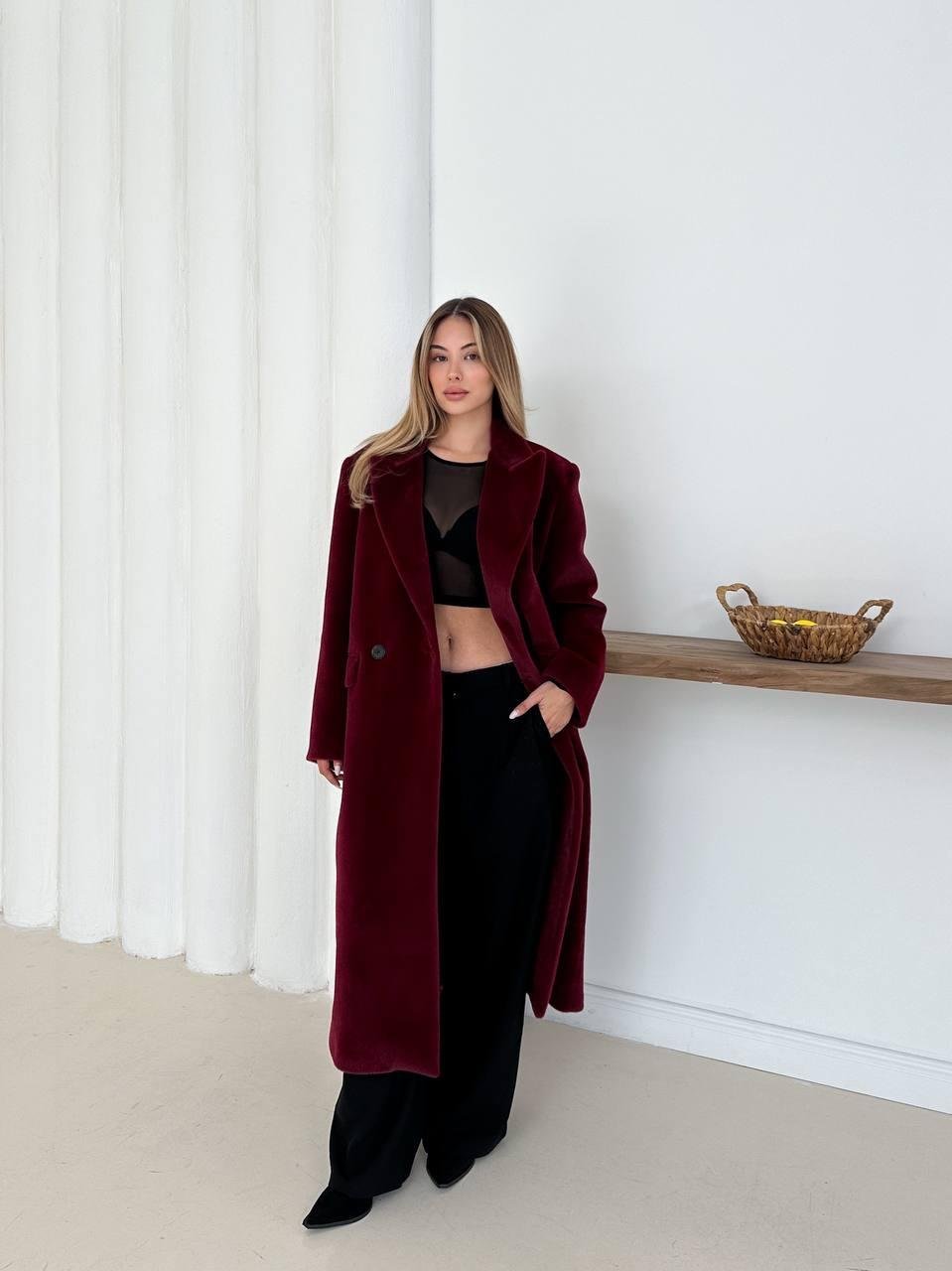 Bordo Yumuşak Kaşmir Dokulu Maskülen Maxi Kaban