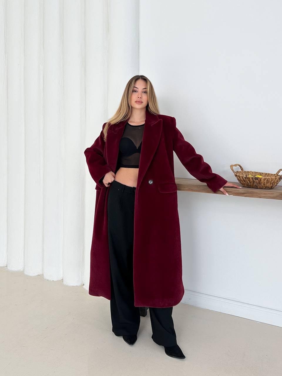 Bordo Yumuşak Kaşmir Dokulu Maskülen Maxi Kaban