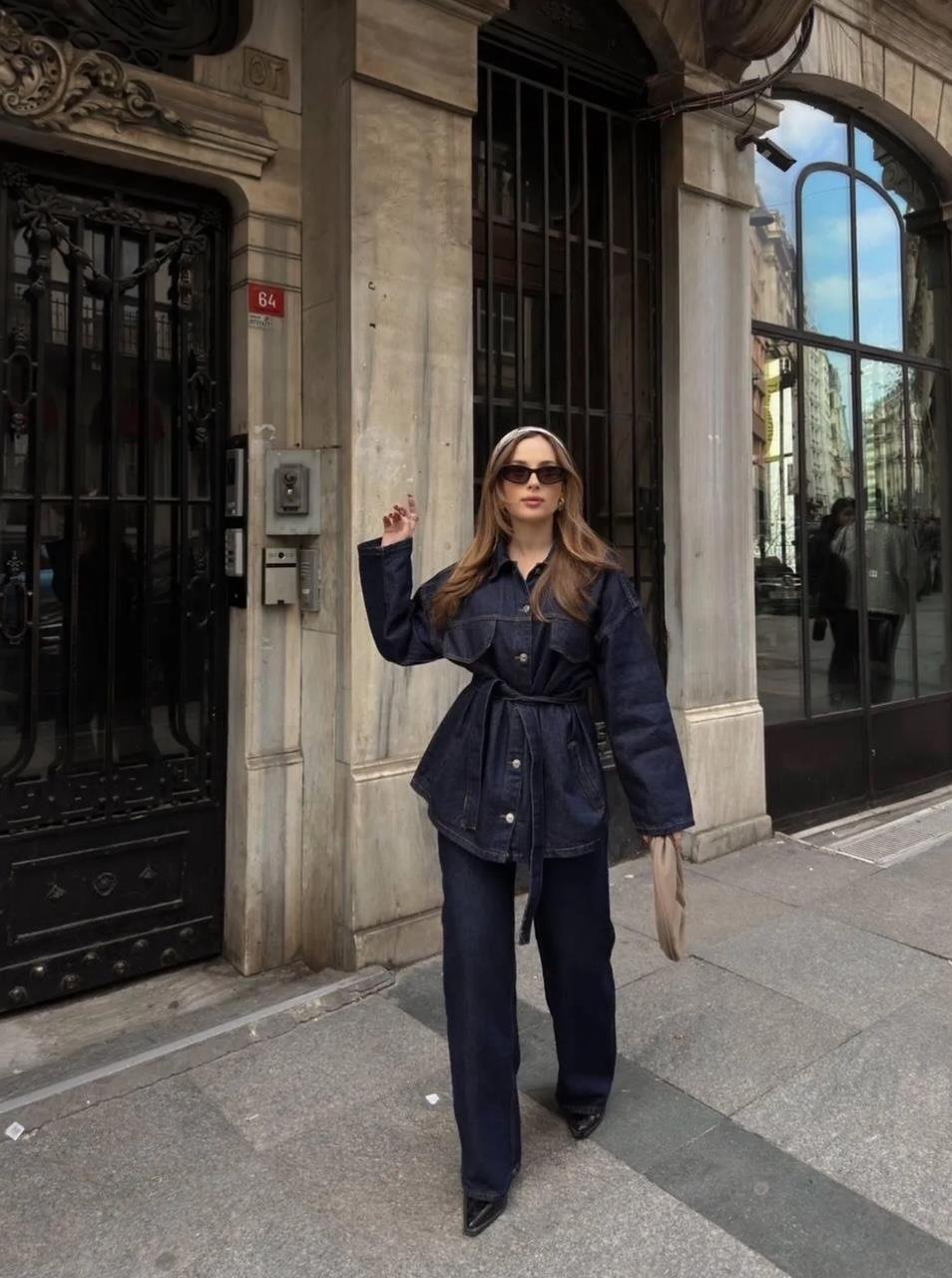 Denim Kuşaklı Düğmeli Takım