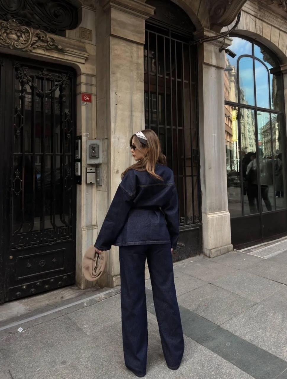 Denim Kuşaklı Düğmeli Takım