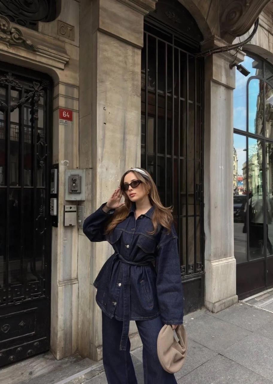 Denim Kuşaklı Düğmeli Takım