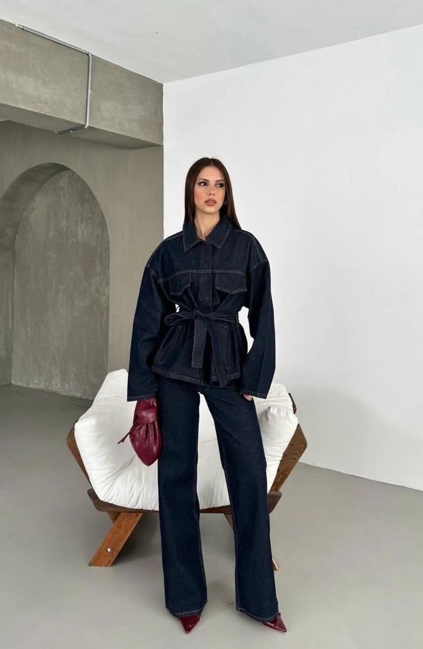Denim Kuşaklı Oversize Takım