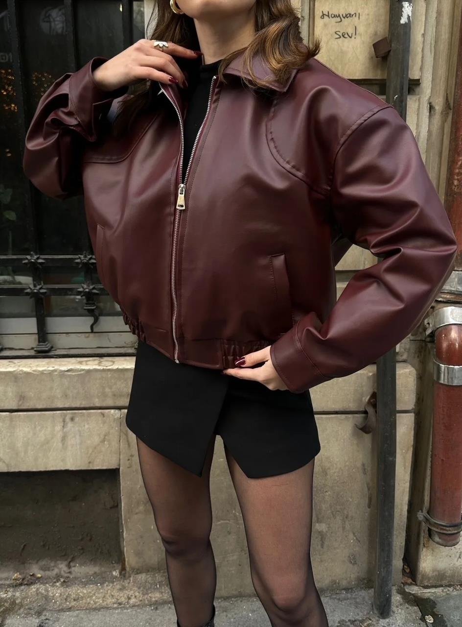 Deri Bomber Crop Ceket