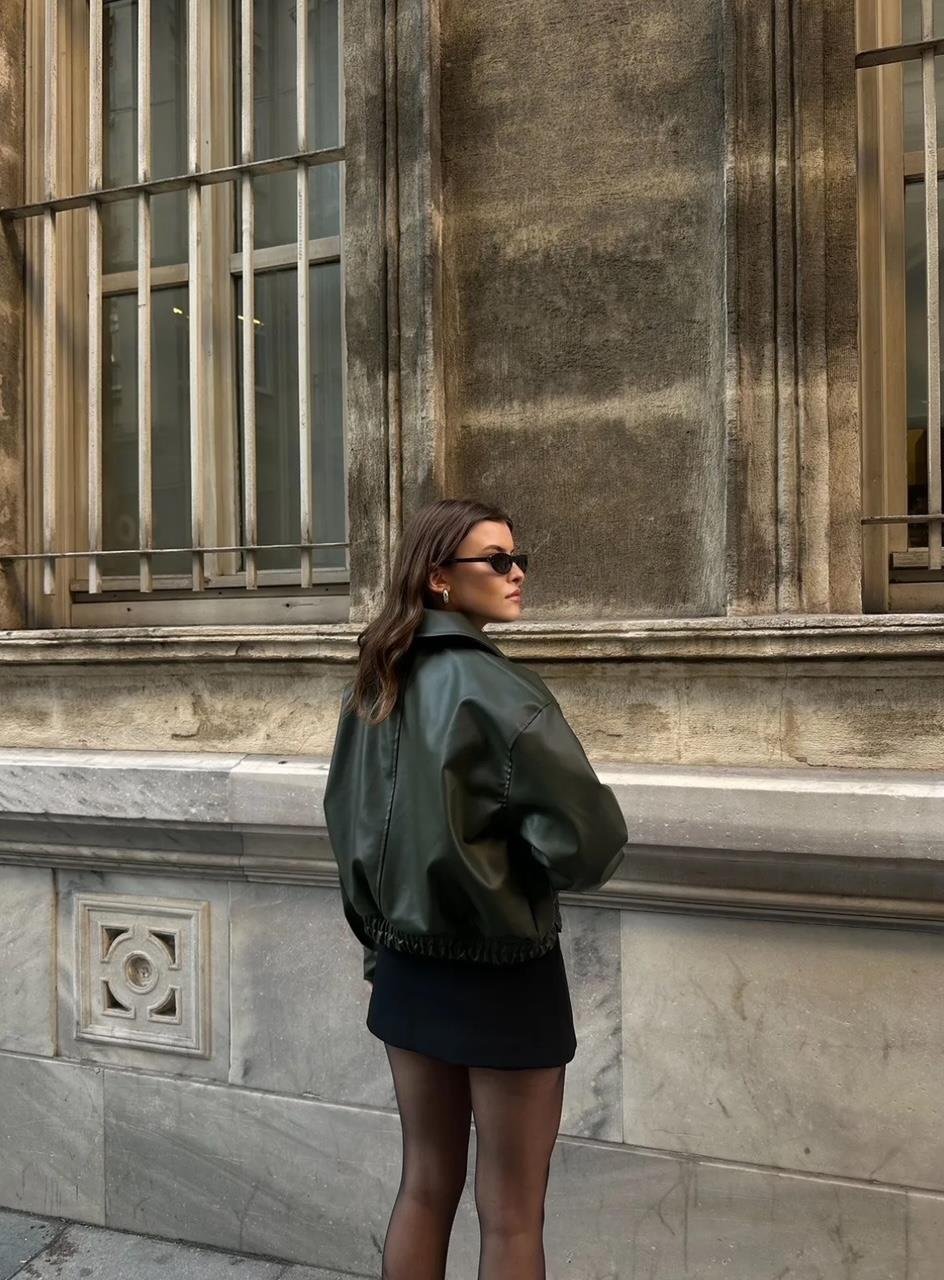 Deri Bomber Crop Ceket