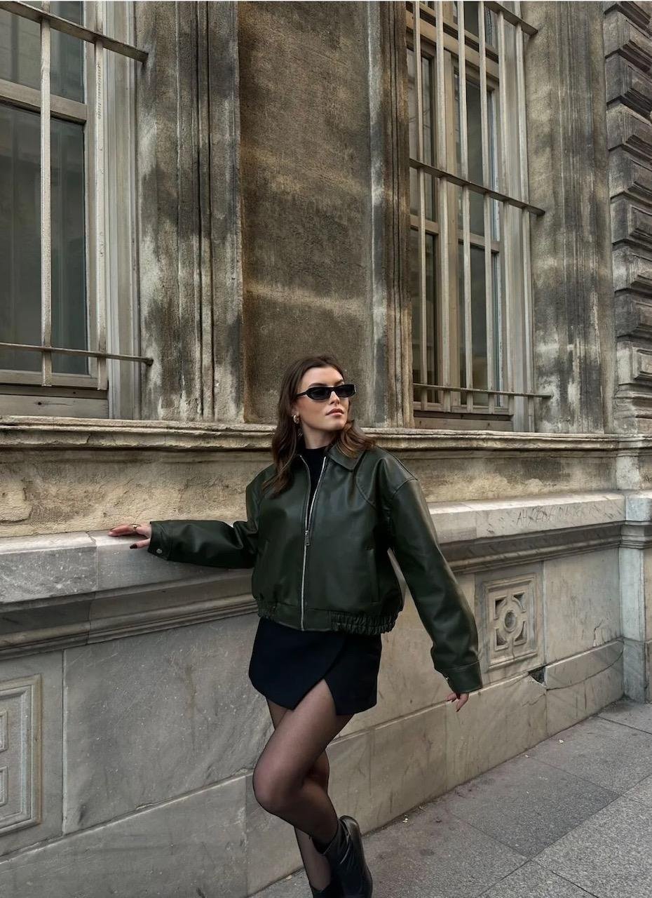 Deri Bomber Crop Ceket