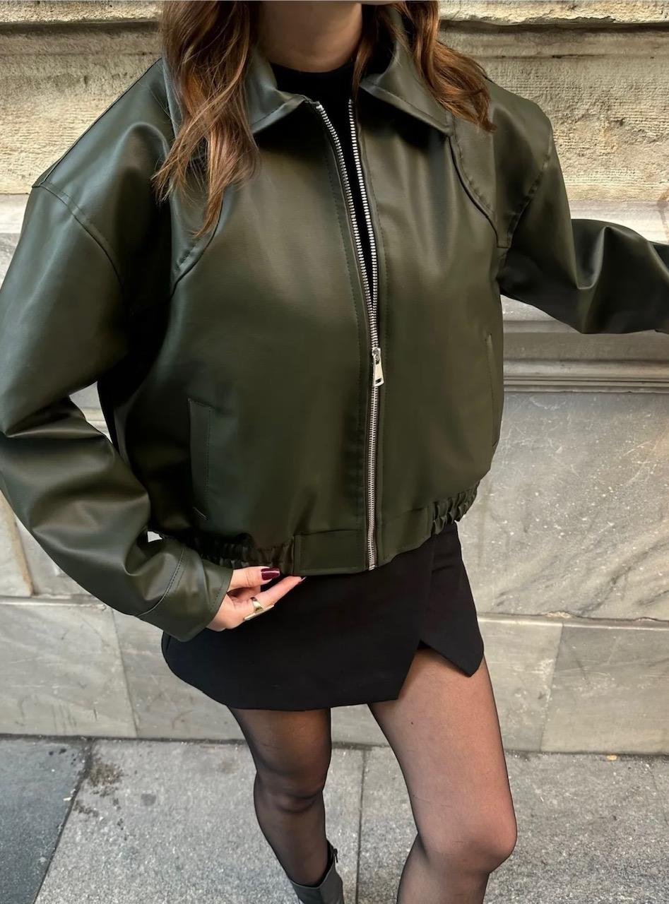 Deri Bomber Crop Ceket