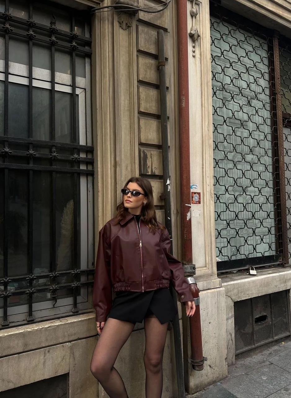 Deri Bomber Crop Ceket