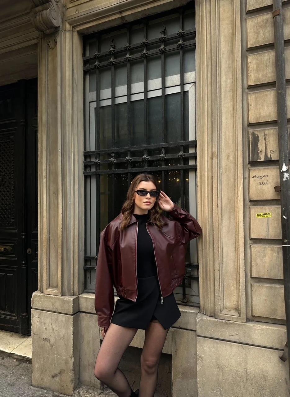 Deri Bomber Crop Ceket