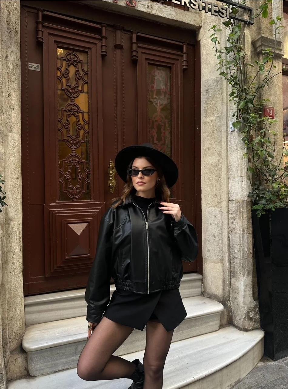 Deri Bomber Crop Ceket