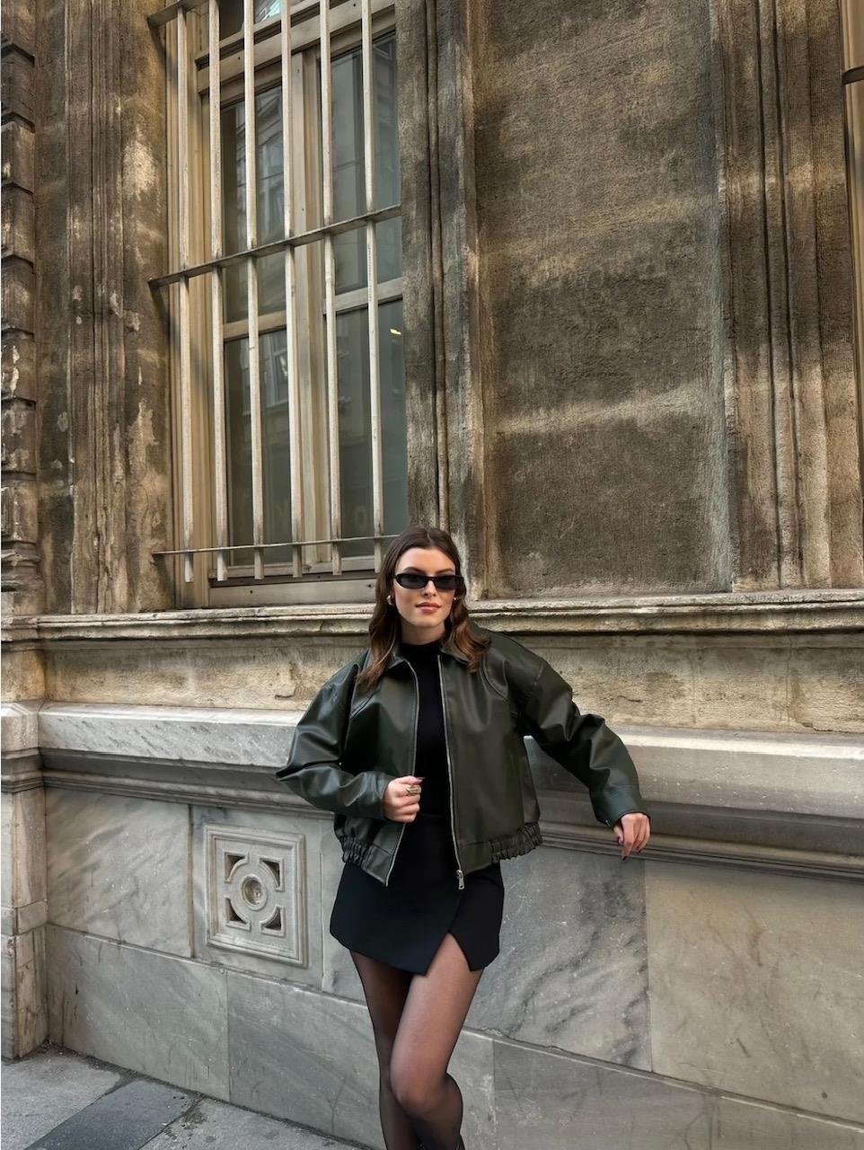Deri Bomber Crop Ceket