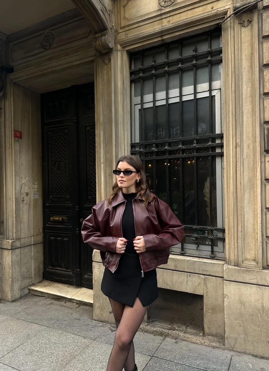 Deri Bomber Crop Ceket