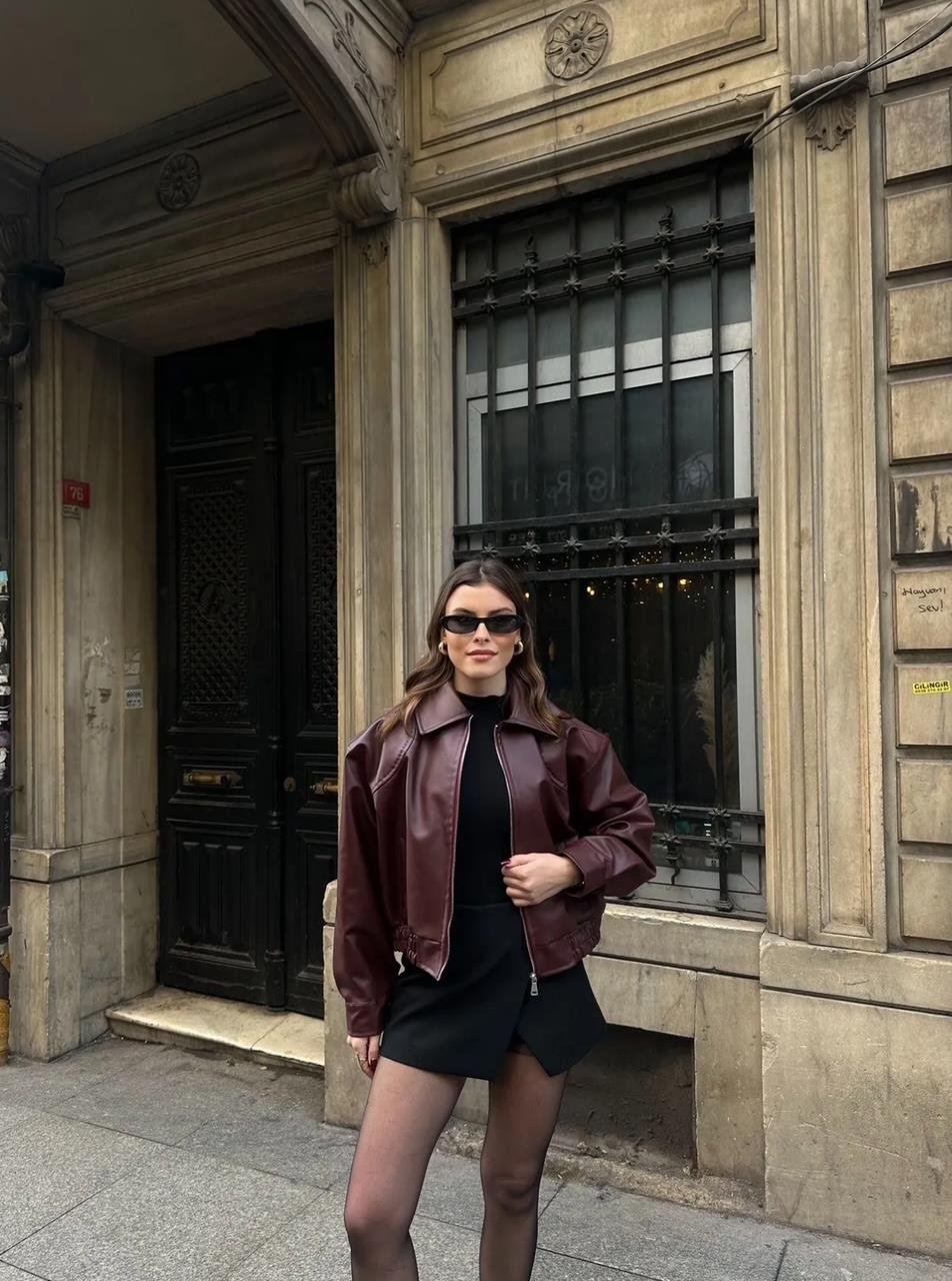 Deri Bomber Crop Ceket