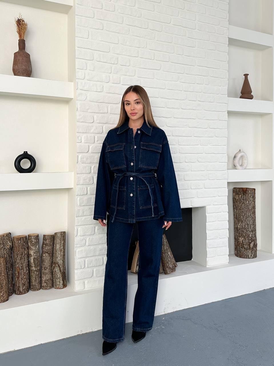 Düğmeli Kuşaklı Lacivert Ceket Pantolon Denim Takım
