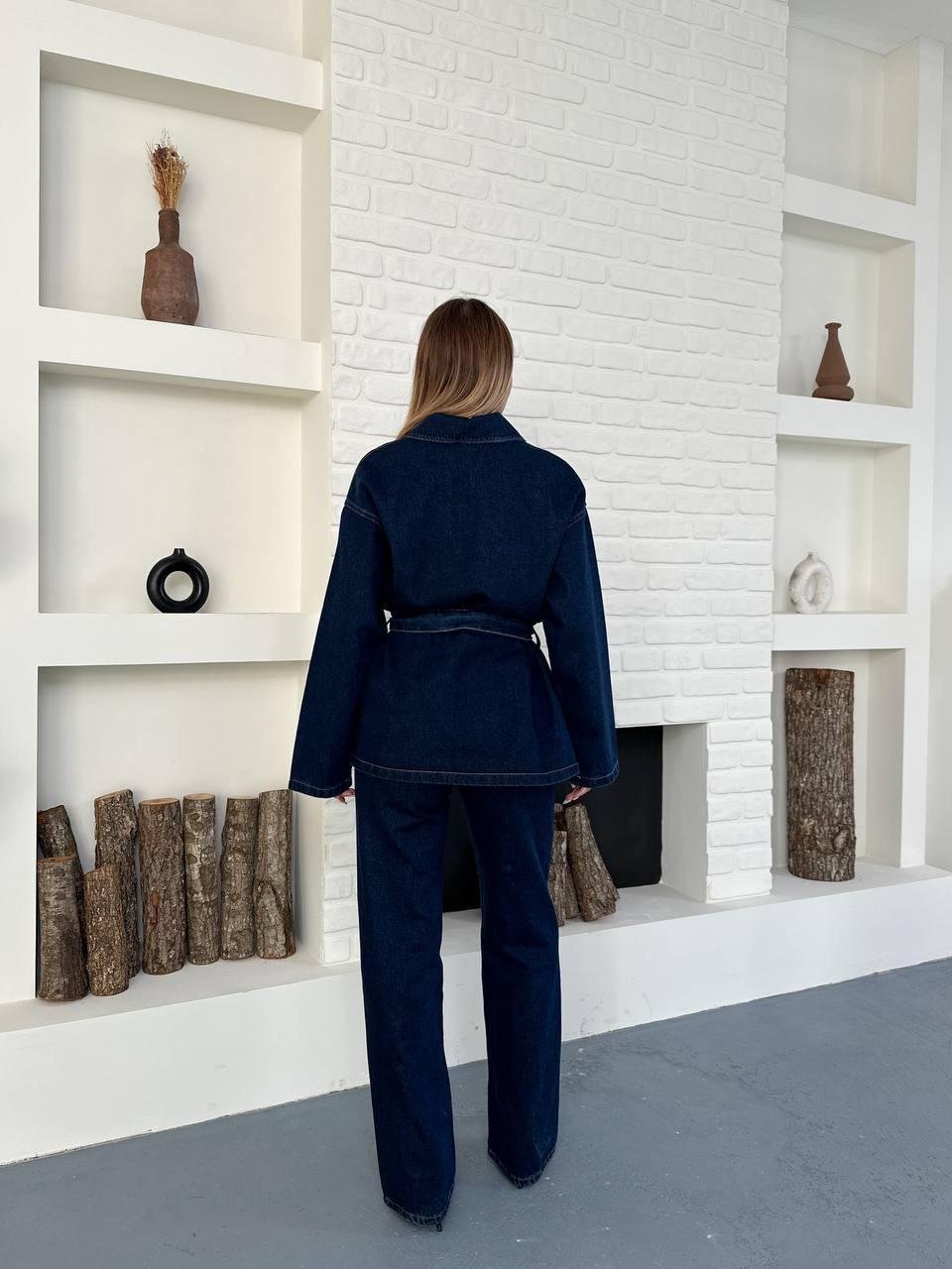 Düğmeli Kuşaklı Lacivert Ceket Pantolon Denim Takım