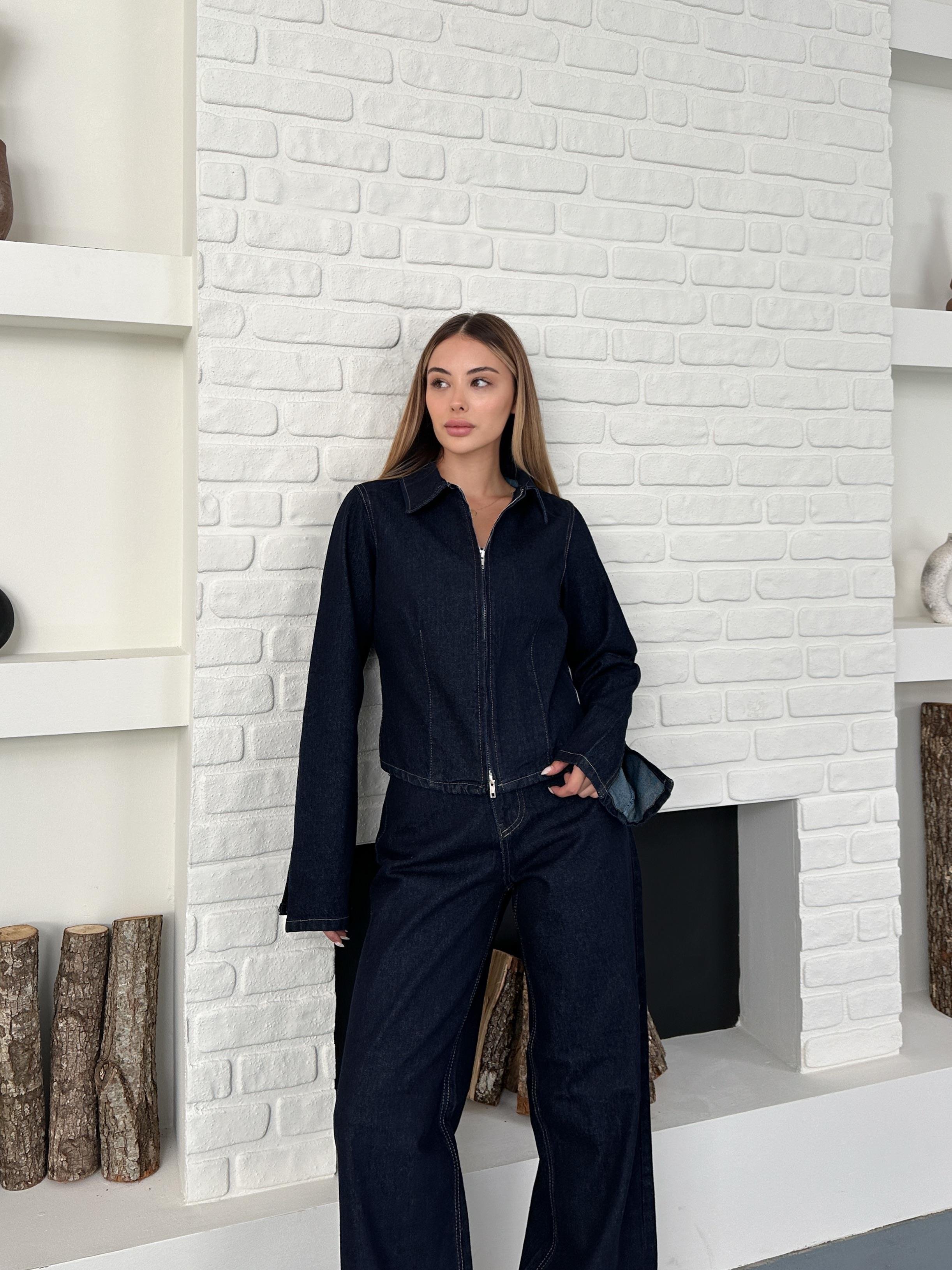 Fermuarlı Yıkamalı Lacivert Ceket Pantolon Denim Takım