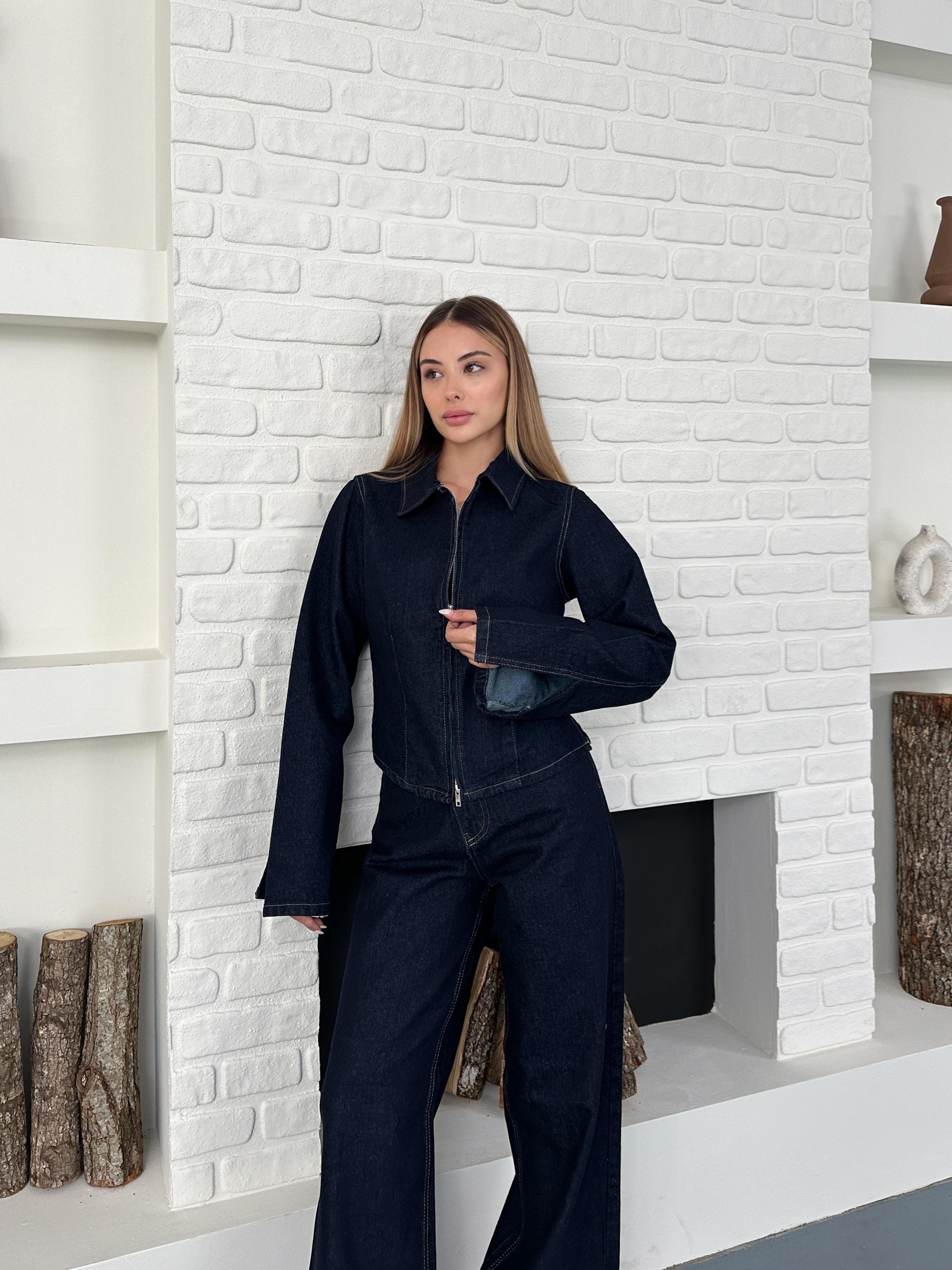 Fermuarlı Yıkamalı Lacivert Ceket Pantolon Denim Takım