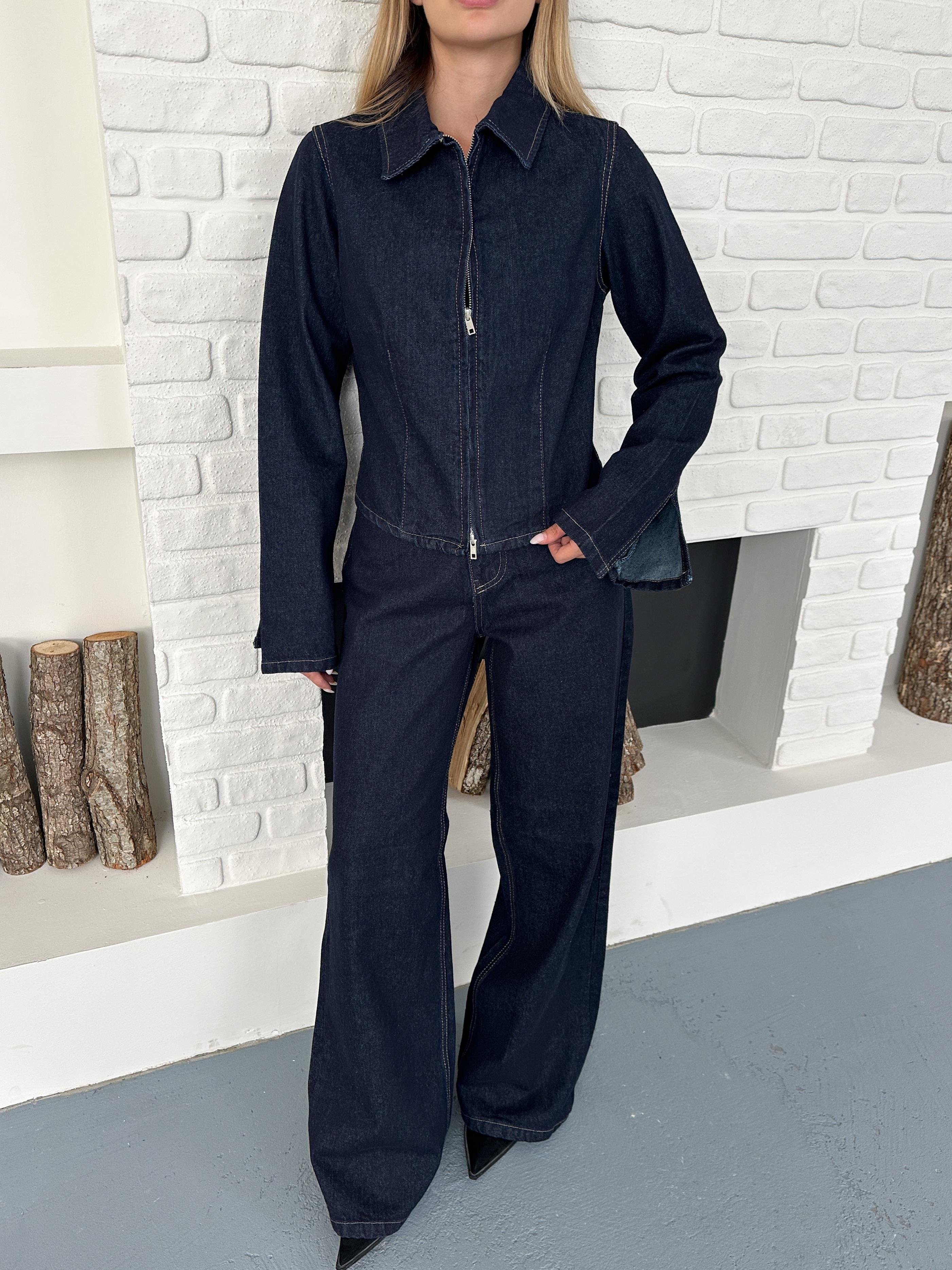 Fermuarlı Yıkamalı Lacivert Ceket Pantolon Denim Takım