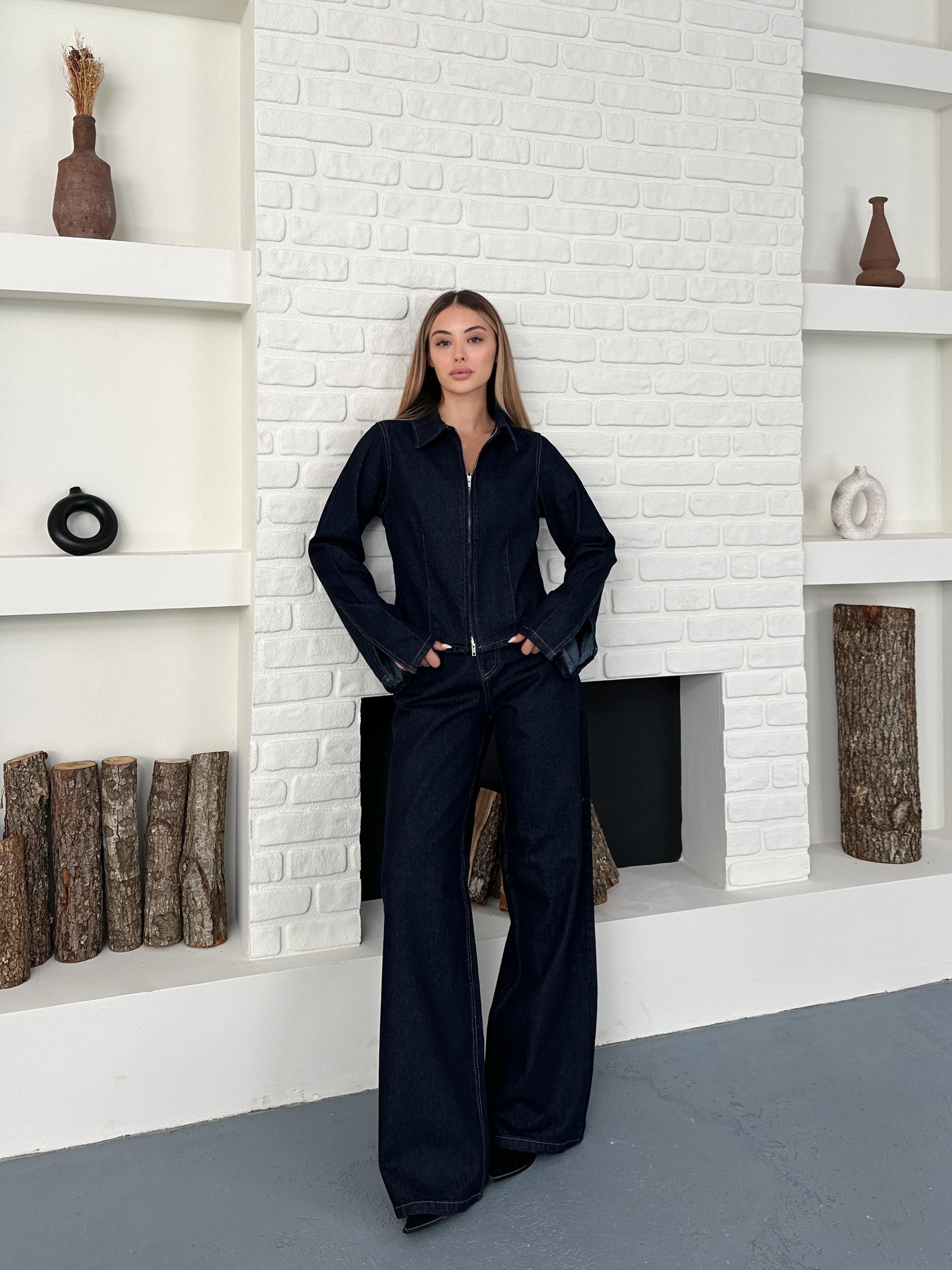 Fermuarlı Yıkamalı Lacivert Ceket Pantolon Denim Takım
