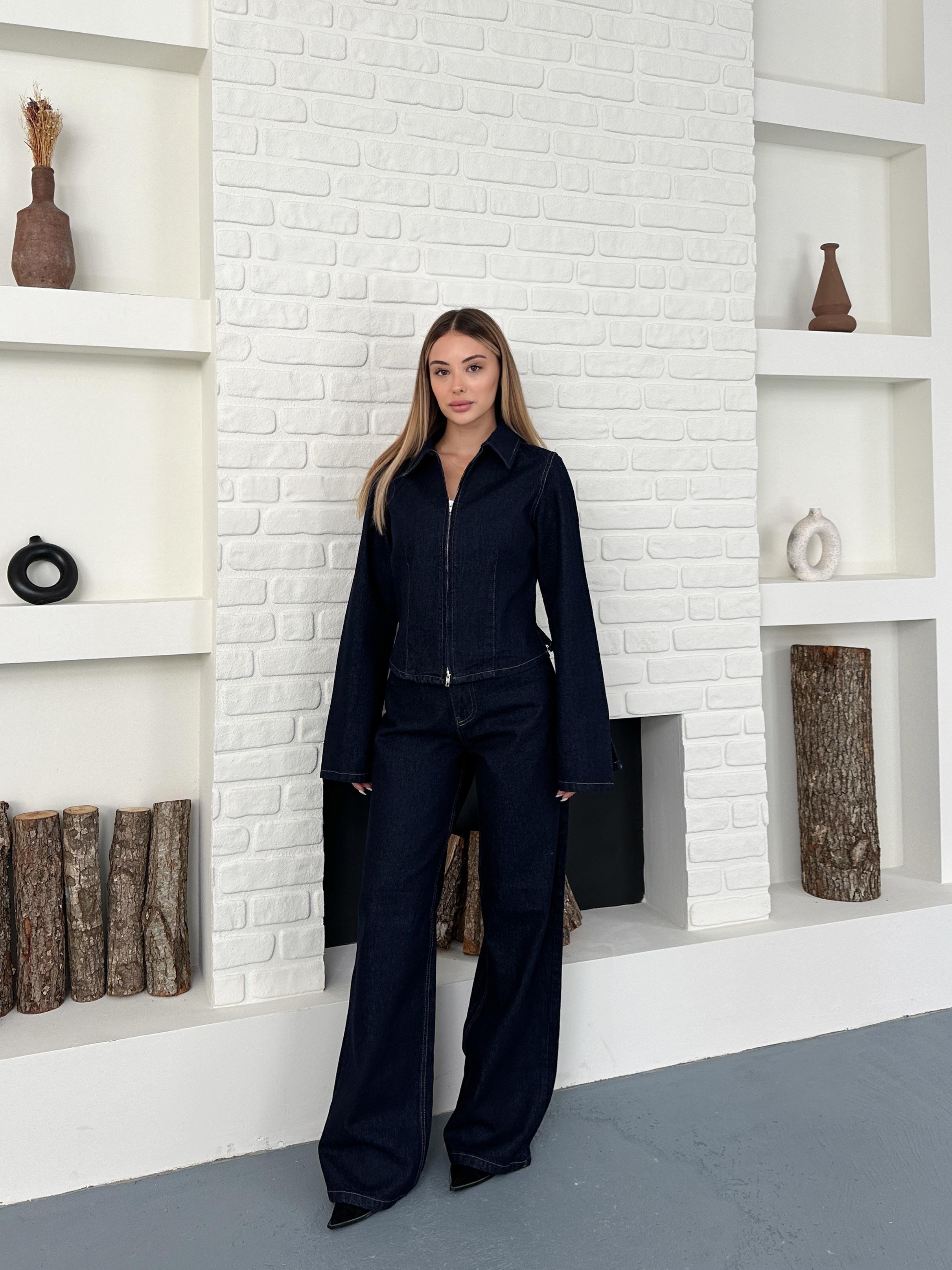Fermuarlı Yıkamalı Lacivert Ceket Pantolon Denim Takım