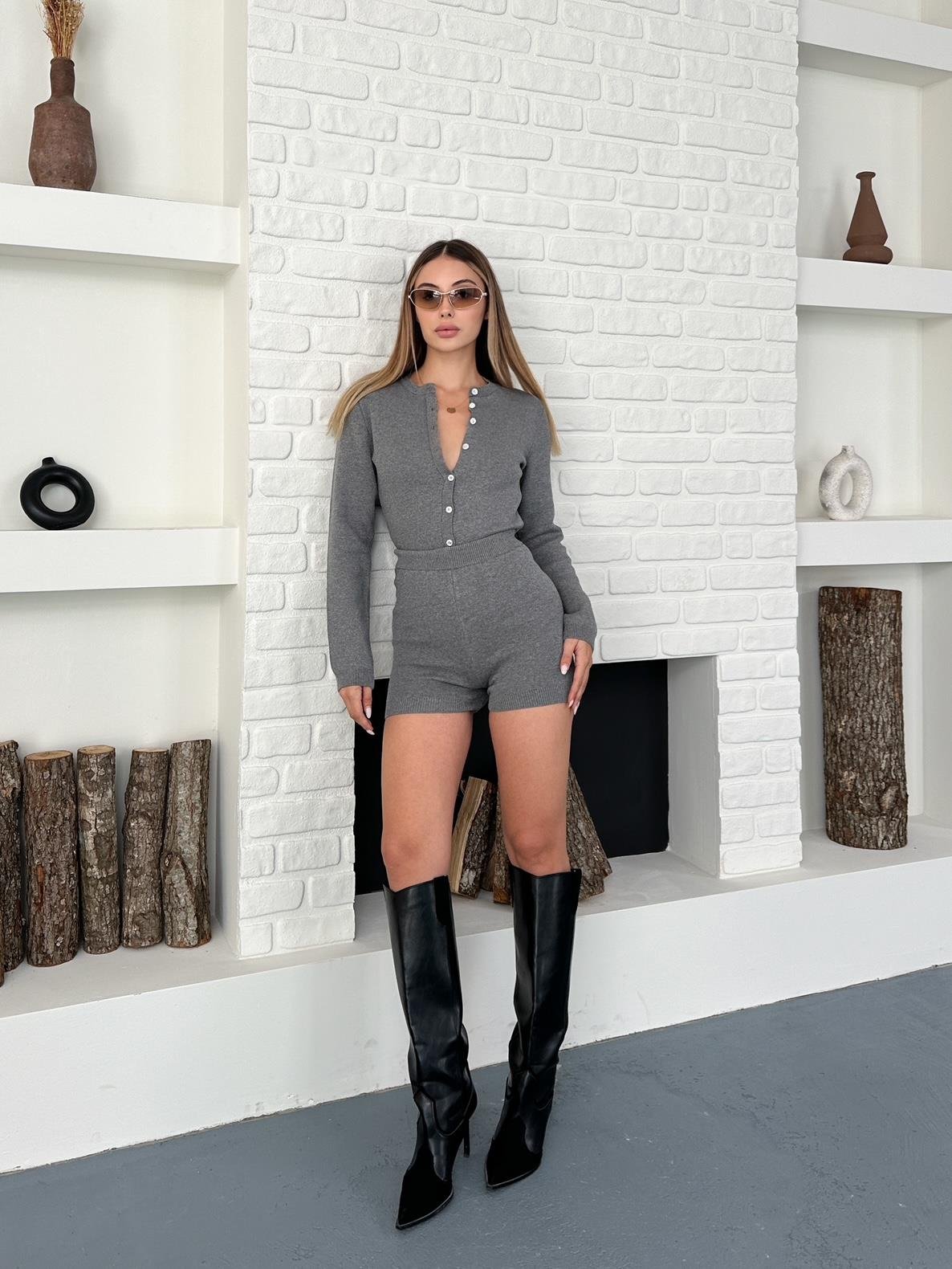Gri Bodycone Bodysuit Şortlu Takım
