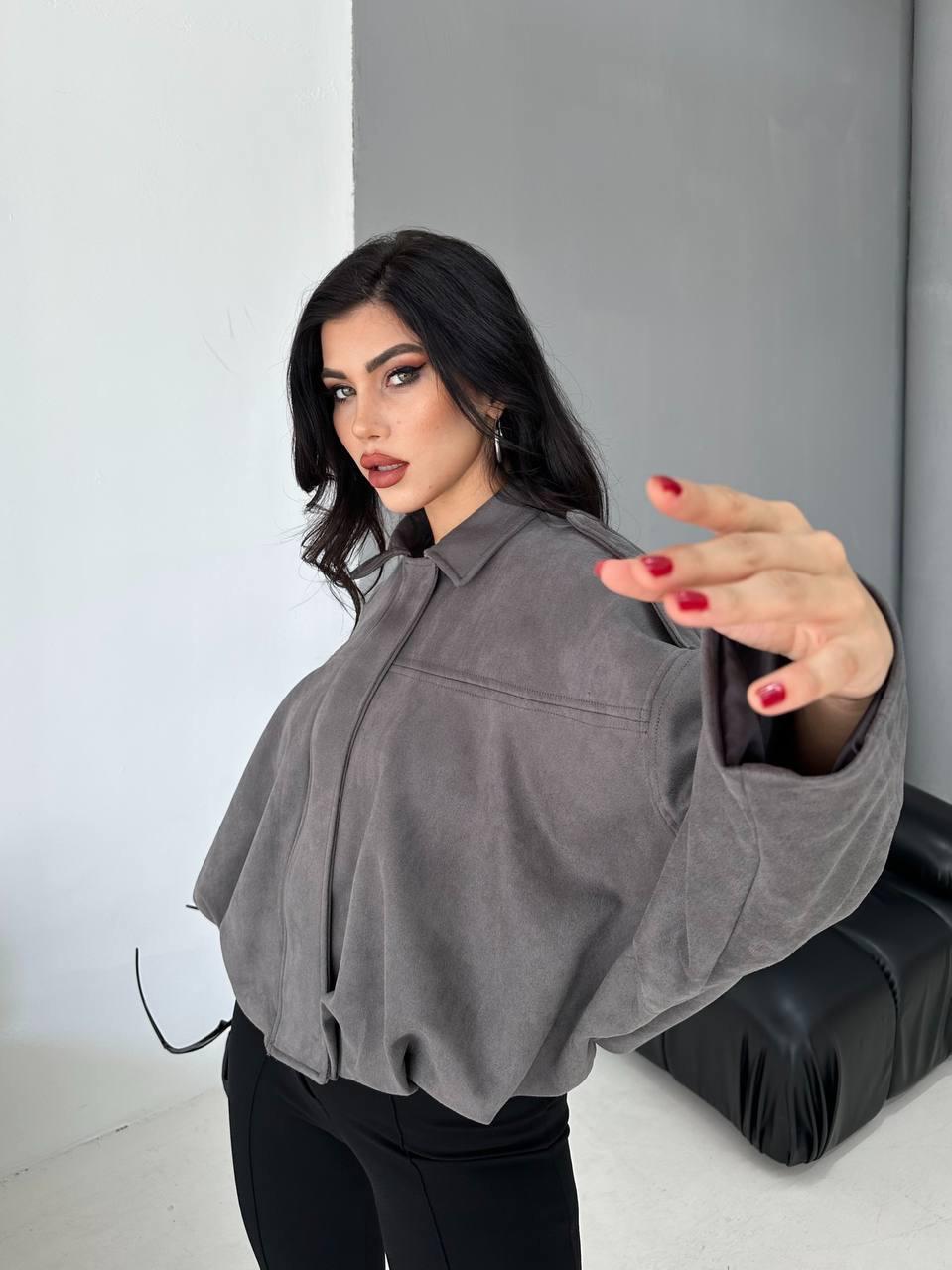 Gri Bomber Oversize Süet Ceket