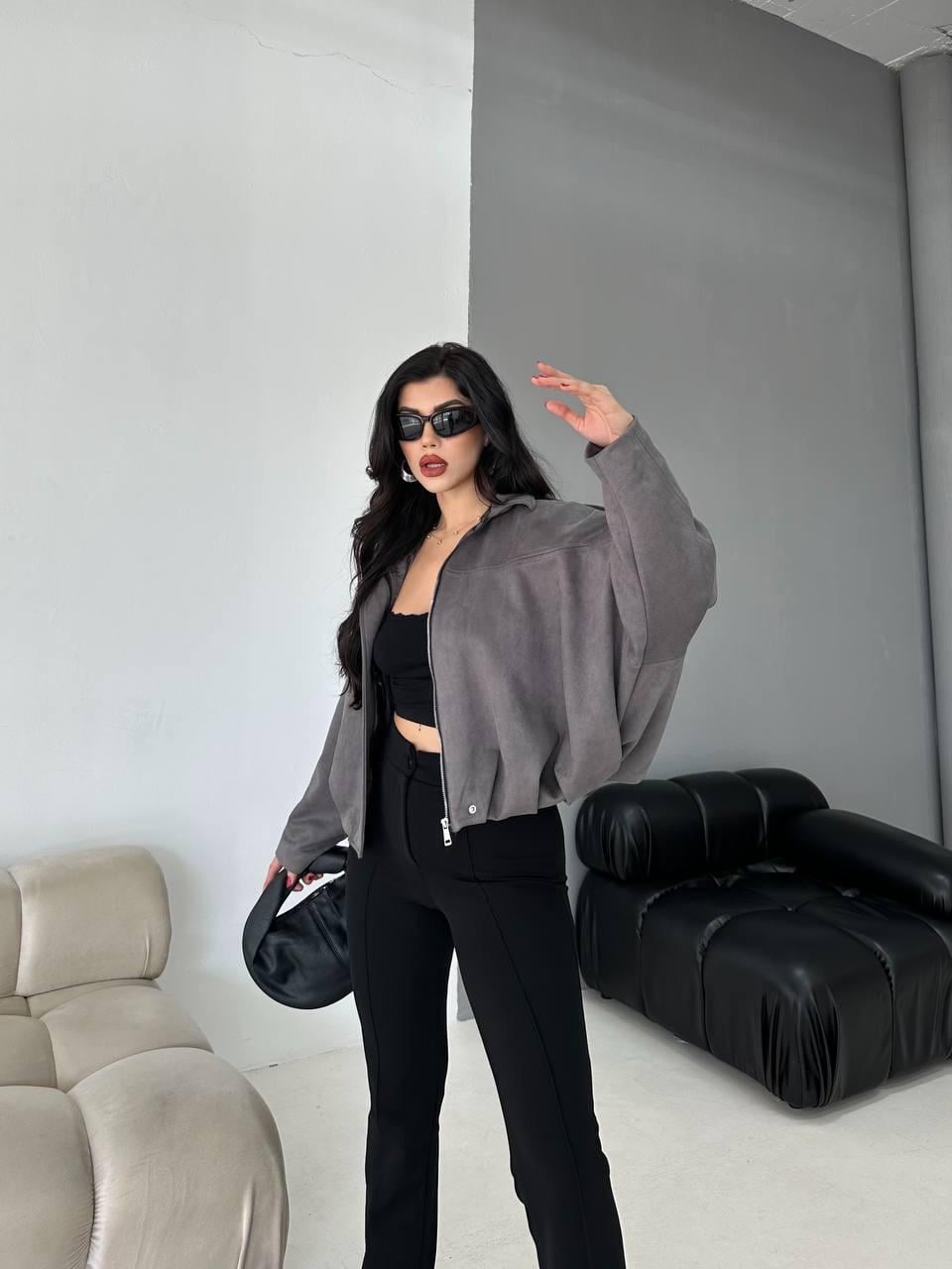 Gri Bomber Oversize Süet Ceket