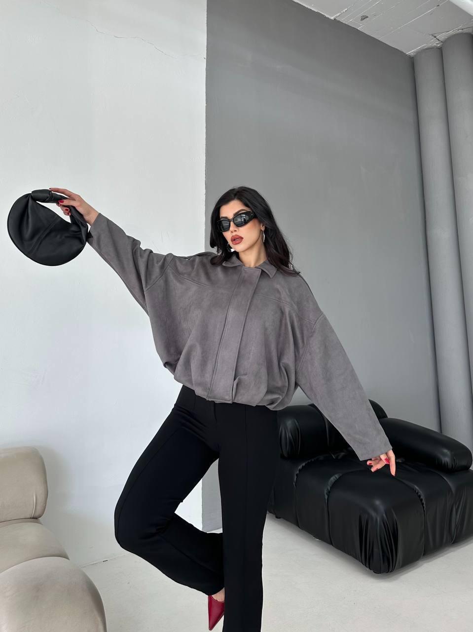 Gri Bomber Oversize Süet Ceket