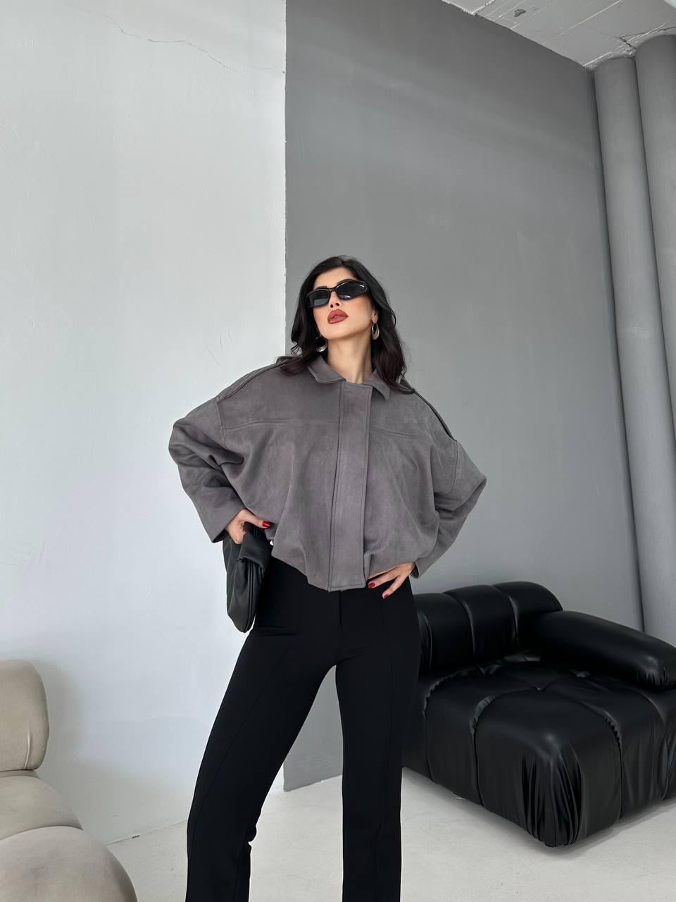 Gri Bomber Oversize Süet Ceket