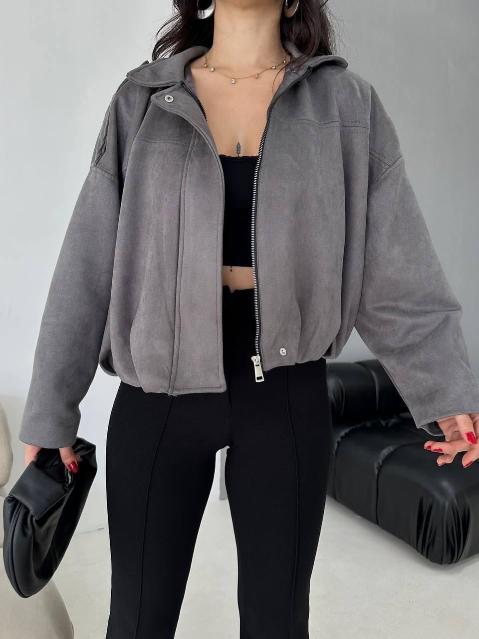 Gri Bomber Oversize Süet Ceket