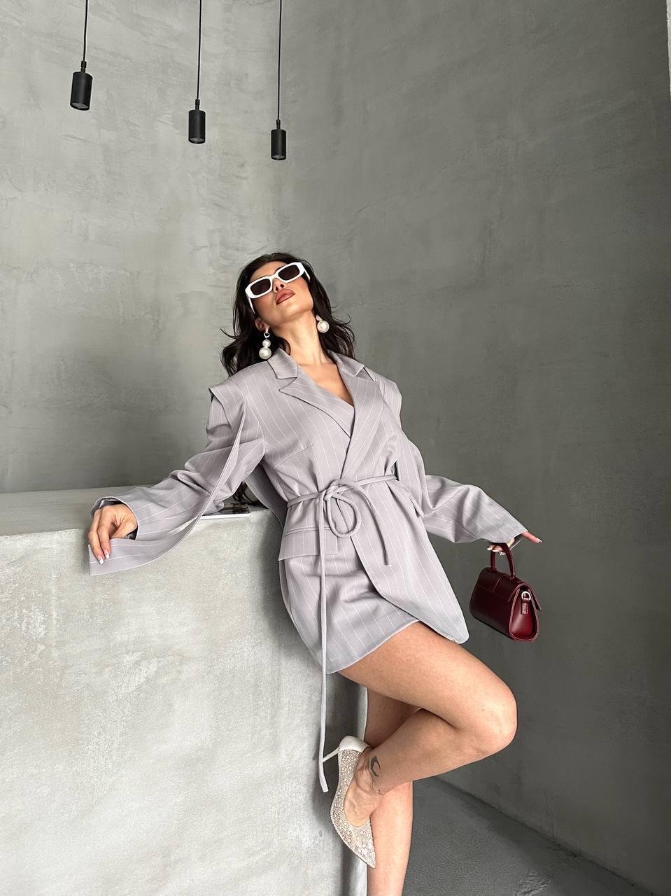 Gri Çizgili Bağlamalı Oversize Blazer Ceket