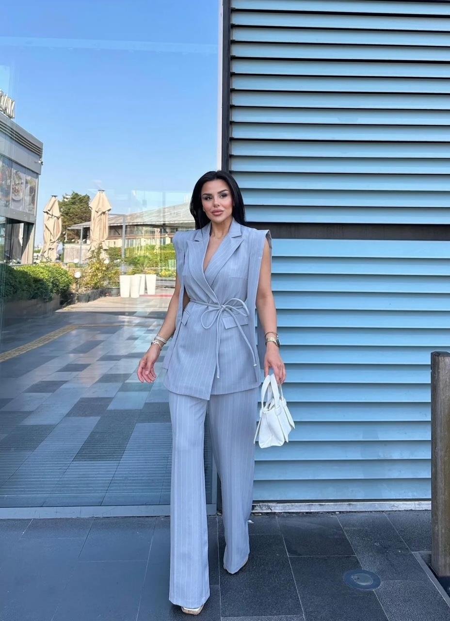 Gri Çizgili Bağlamalı Yelek Pantolon Blazer Takım