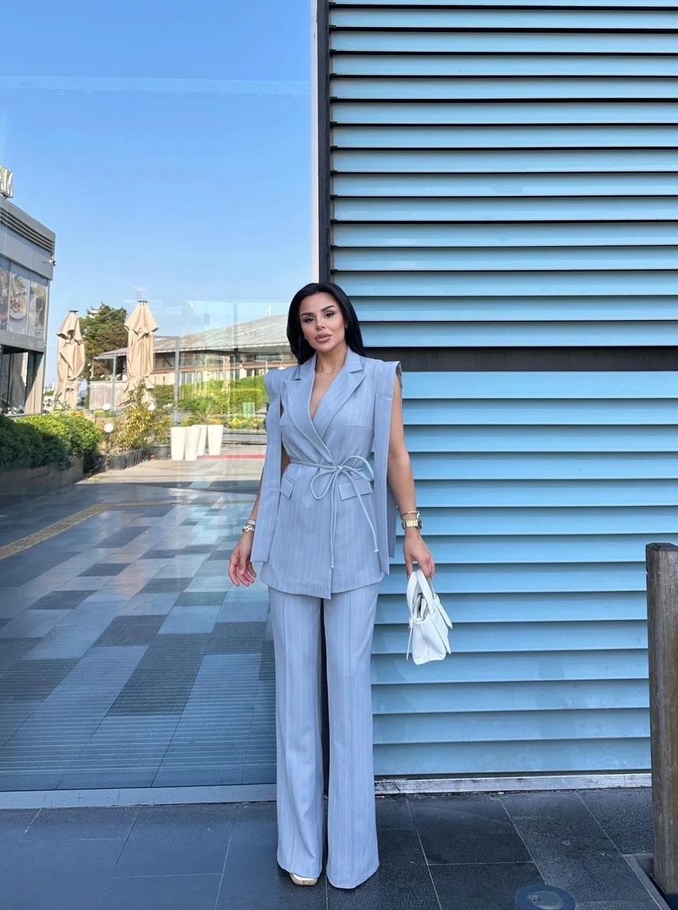 Gri Çizgili Bağlamalı Yelek Pantolon Blazer Takım