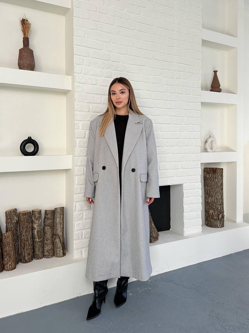 Gri Düğmeli Klasik Maxi Boy Kaşe Kaban