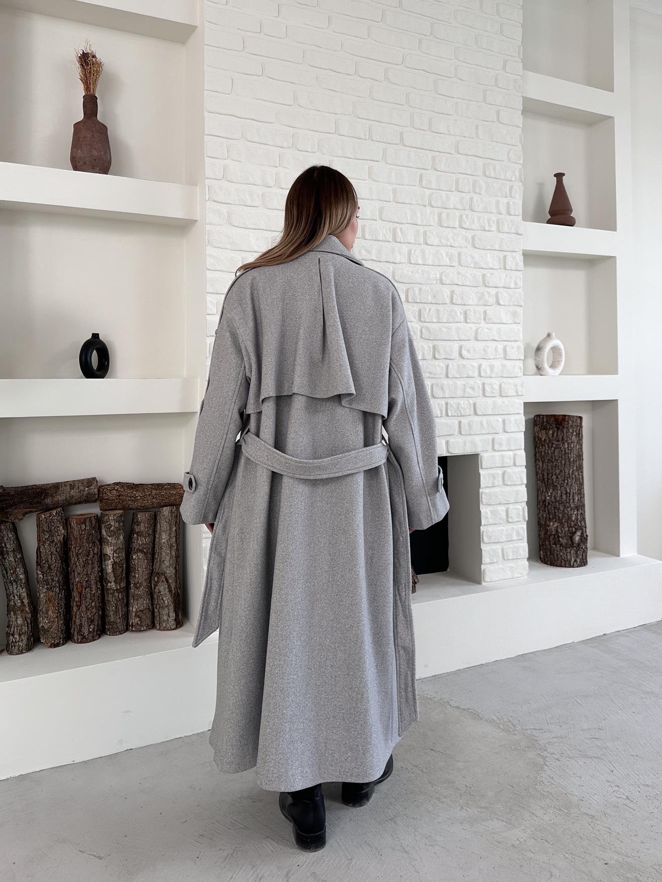 Gri Kaşe Pelerinli Kuşaklı Düğmeli Oversize Kaban