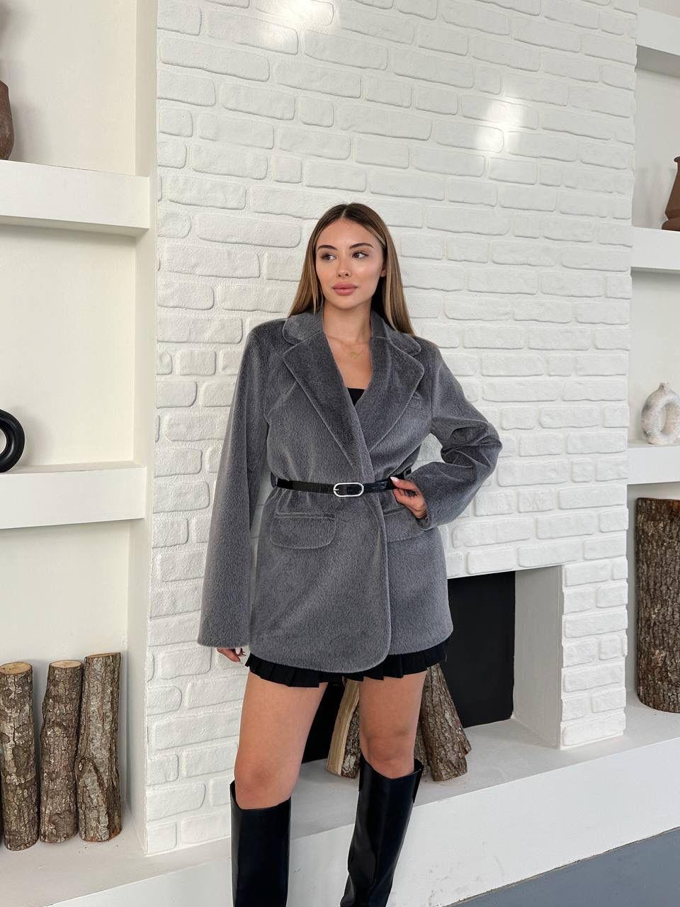 Gri Kaşmir Dokulu Premium Kemerli Blazer Ceket