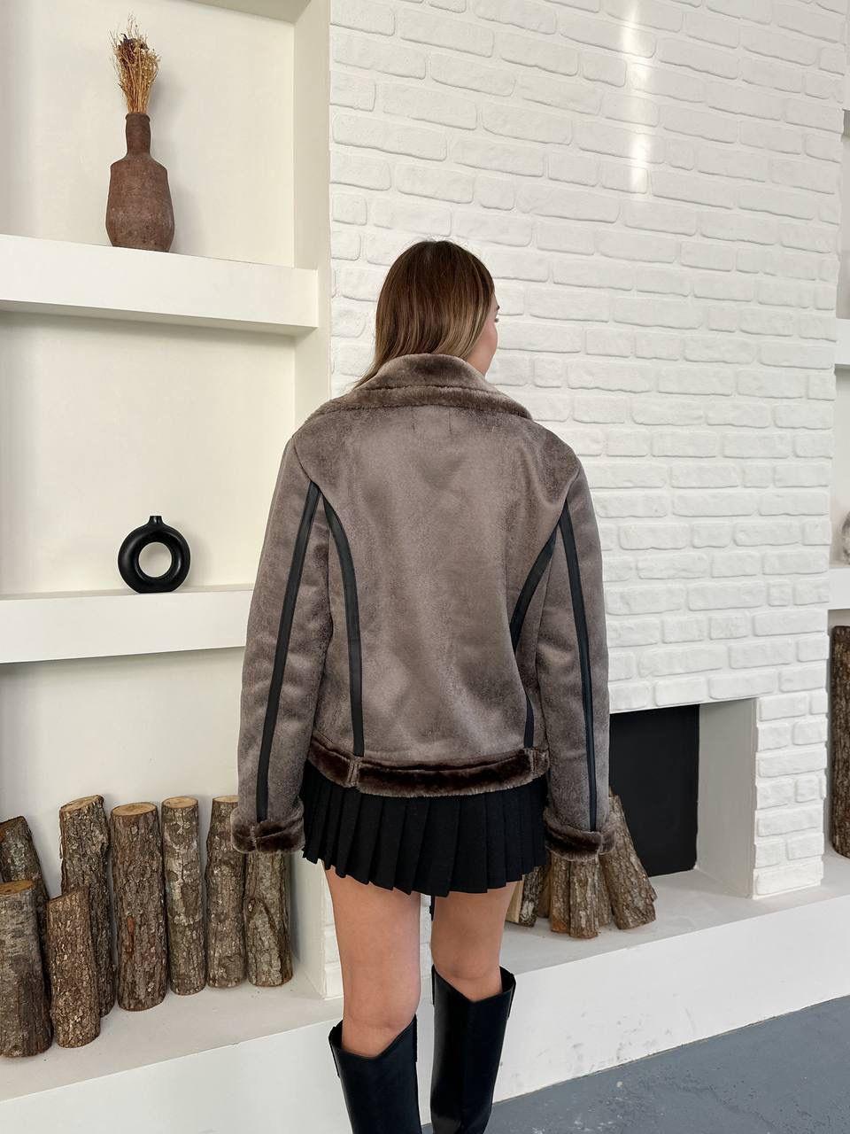 Gri Retro Desen Tay Tüy Peluş Mont Ceket