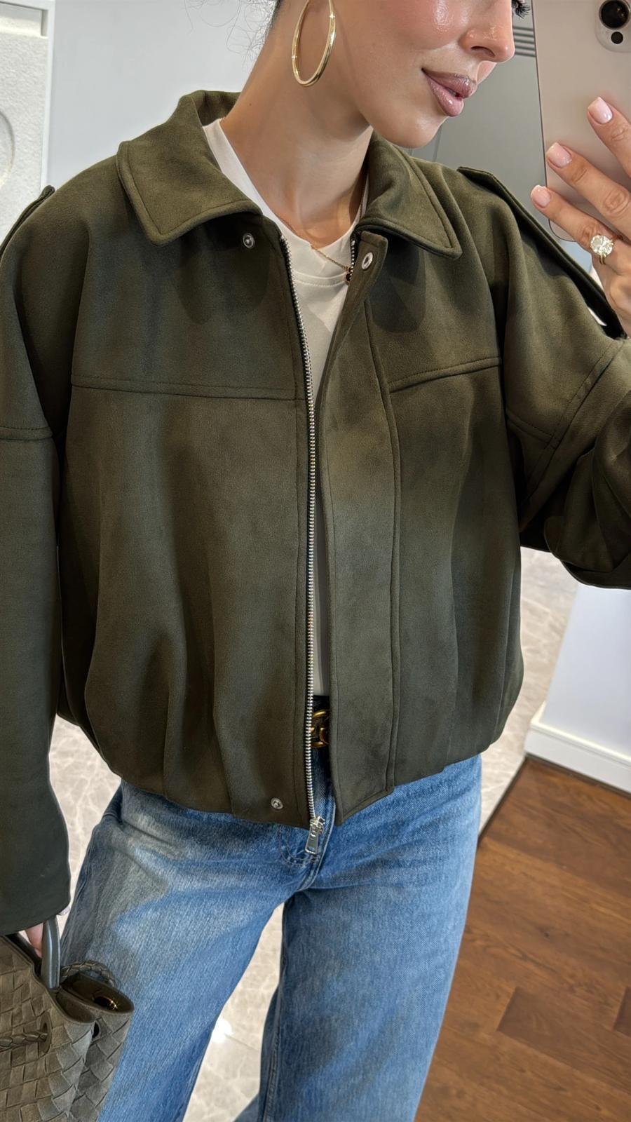 Haki Bomber Oversize Süet Ceket