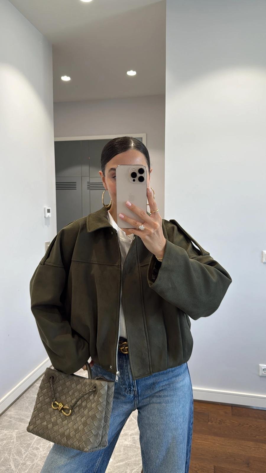Haki Bomber Oversize Süet Ceket
